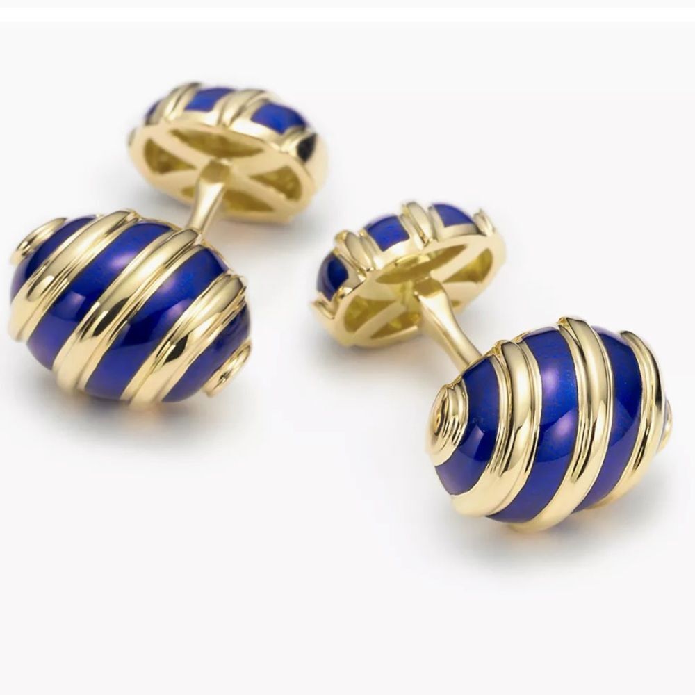 Tiffany Schlumberger Olive Cuff Links 18k Gold Blue‎ Enamel worn once with pouch